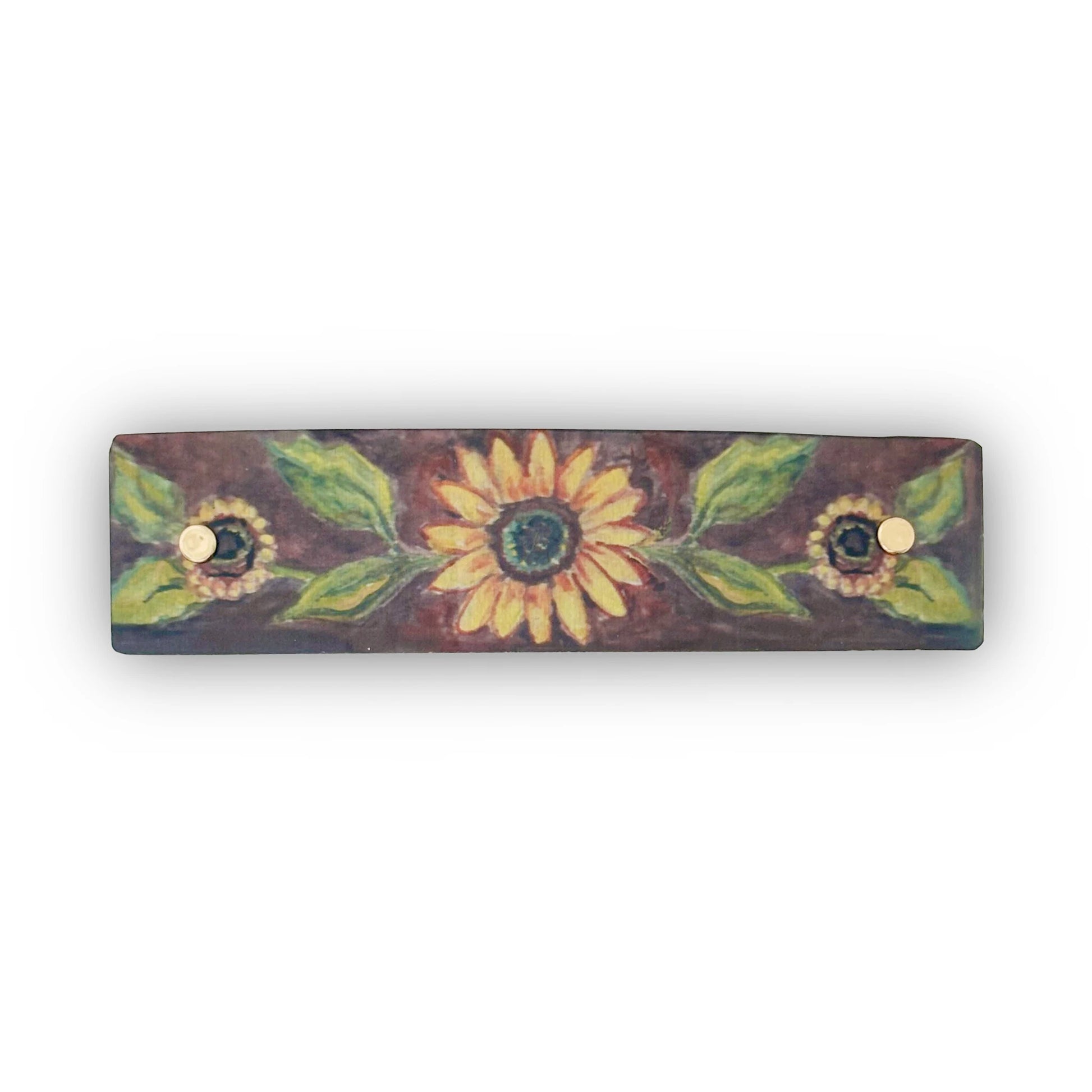 A boutique French barrette hair clip featuring original watercolor sunflower artwork by Robbin V. Davis Studio.