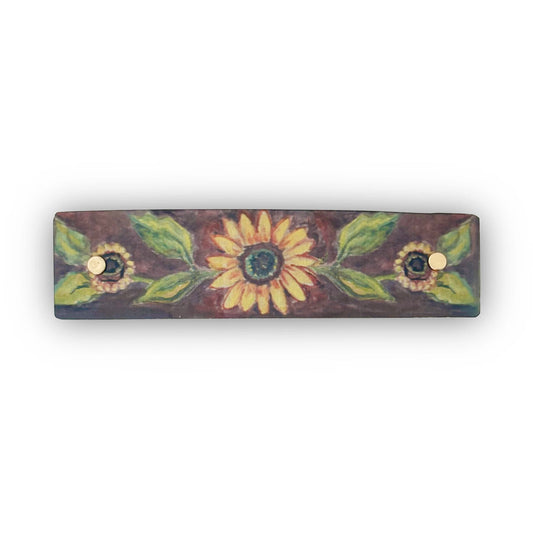 A boutique French barrette hair clip featuring original watercolor sunflower artwork by Robbin V. Davis Studio.