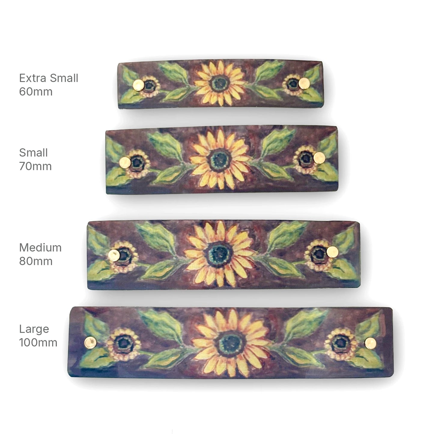 Four rectangular boutique hair barrettes shown in different sizes (Extra Small 60mm, Small 70mm, Medium 80mm, Large 100mm) lined up vertically on a white background. Each clip features a hand-painted rustic sunflower design with yellow petals, green leaves, and a coppery brown textured background.