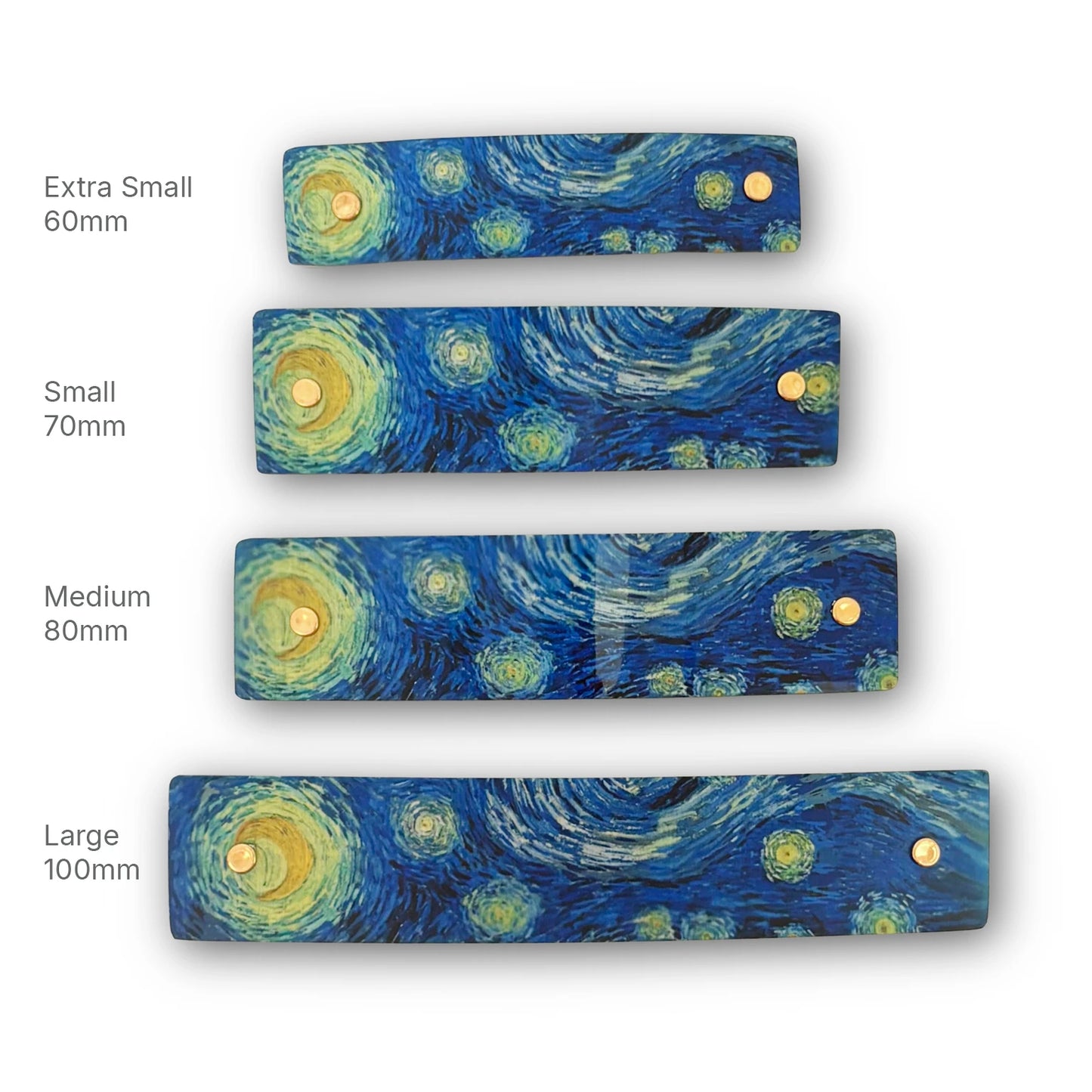 Four rectangular hair clips  shown in different sizes labeled Extra Small 60mm, Small 70mm, Medium 80mm, and Large 100mm. The barrettes have a blue and yellow swirling starry night print with a  gold rivets.