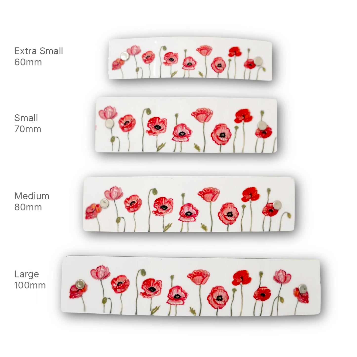 Four handmade French barrettes with a red poppy floral pattern, shown in sizes Extra Small 60mm, Small 70mm, Medium 80mm, and Large 100mm, on a white background with size labels.