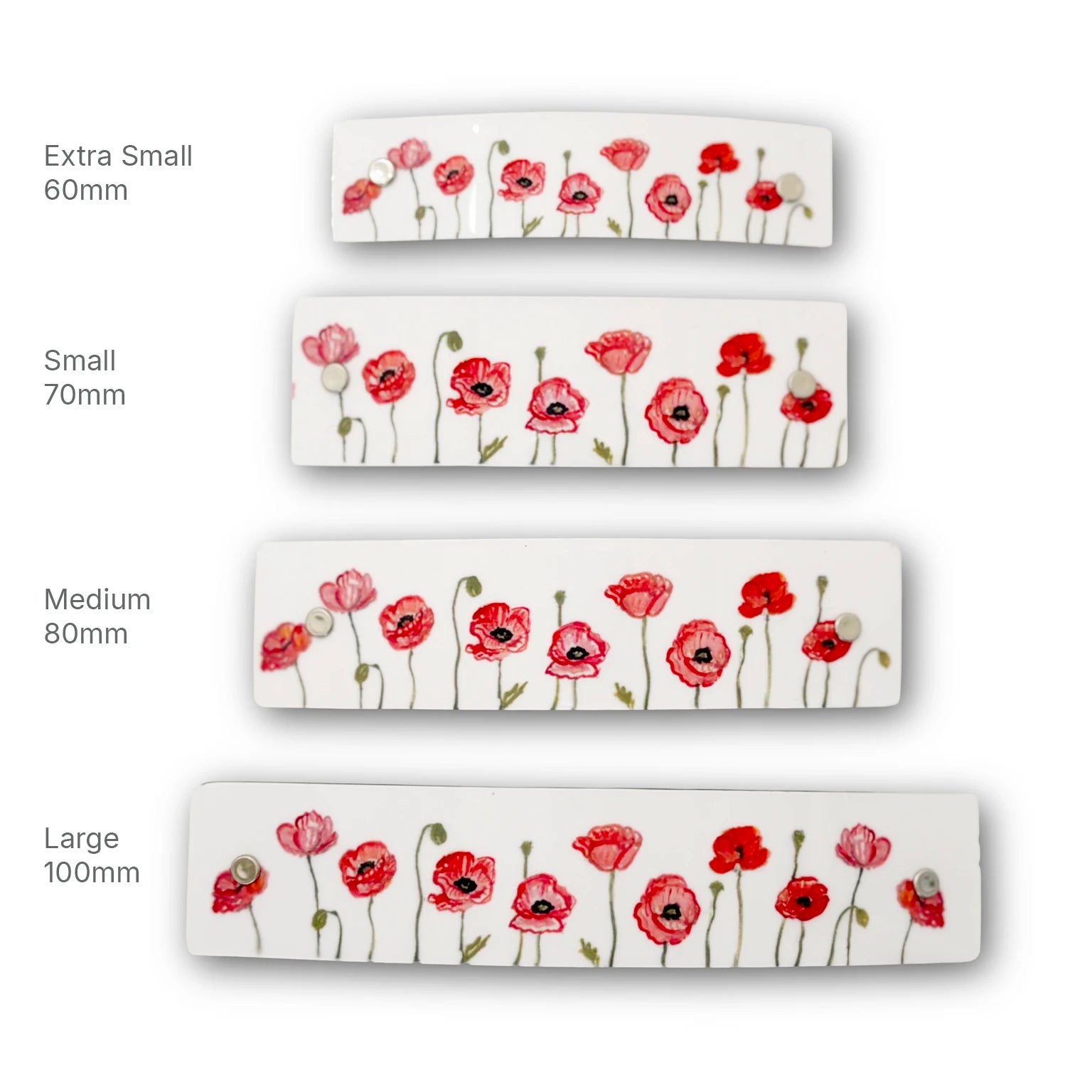 Four handmade French barrettes with a red poppy floral pattern, shown in sizes Extra Small 60mm, Small 70mm, Medium 80mm, and Large 100mm, on a white background with size labels.