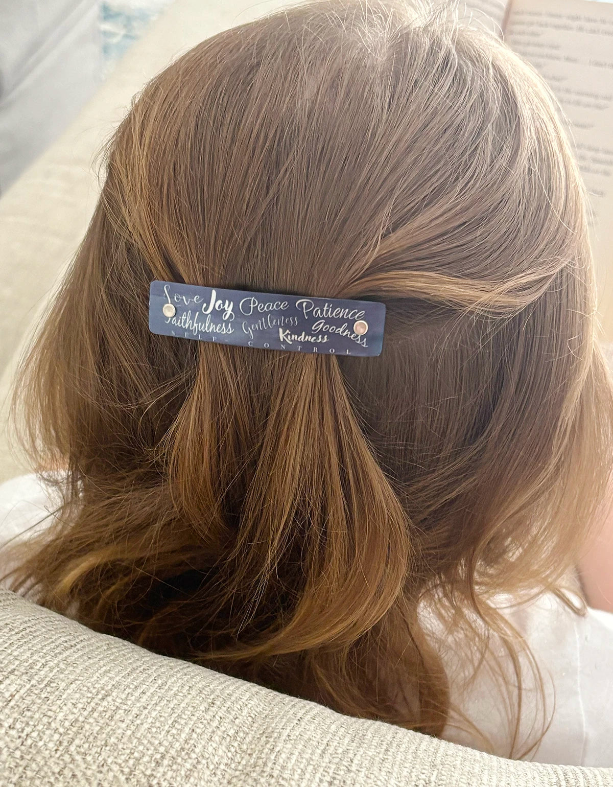 XS French barrette, featuring scripture words, handmade in North Carolina.