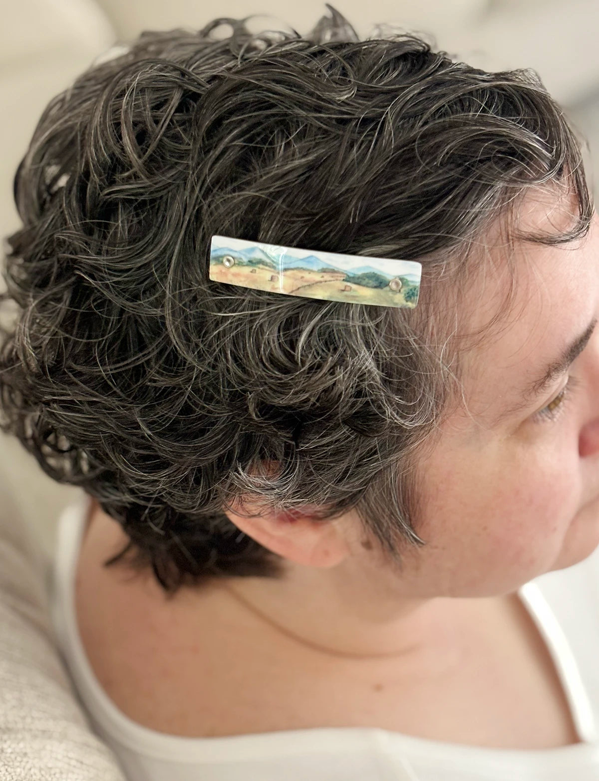 A close-up side profile of a person with short, curly gray hair wearing a small rectangular hair clip decorated with a landscape painting.