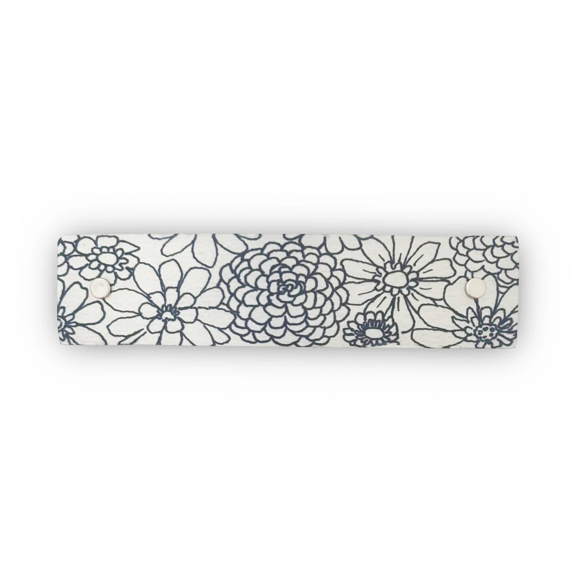 Silver metal hair clip featuring an original ink drawing of zinnias.