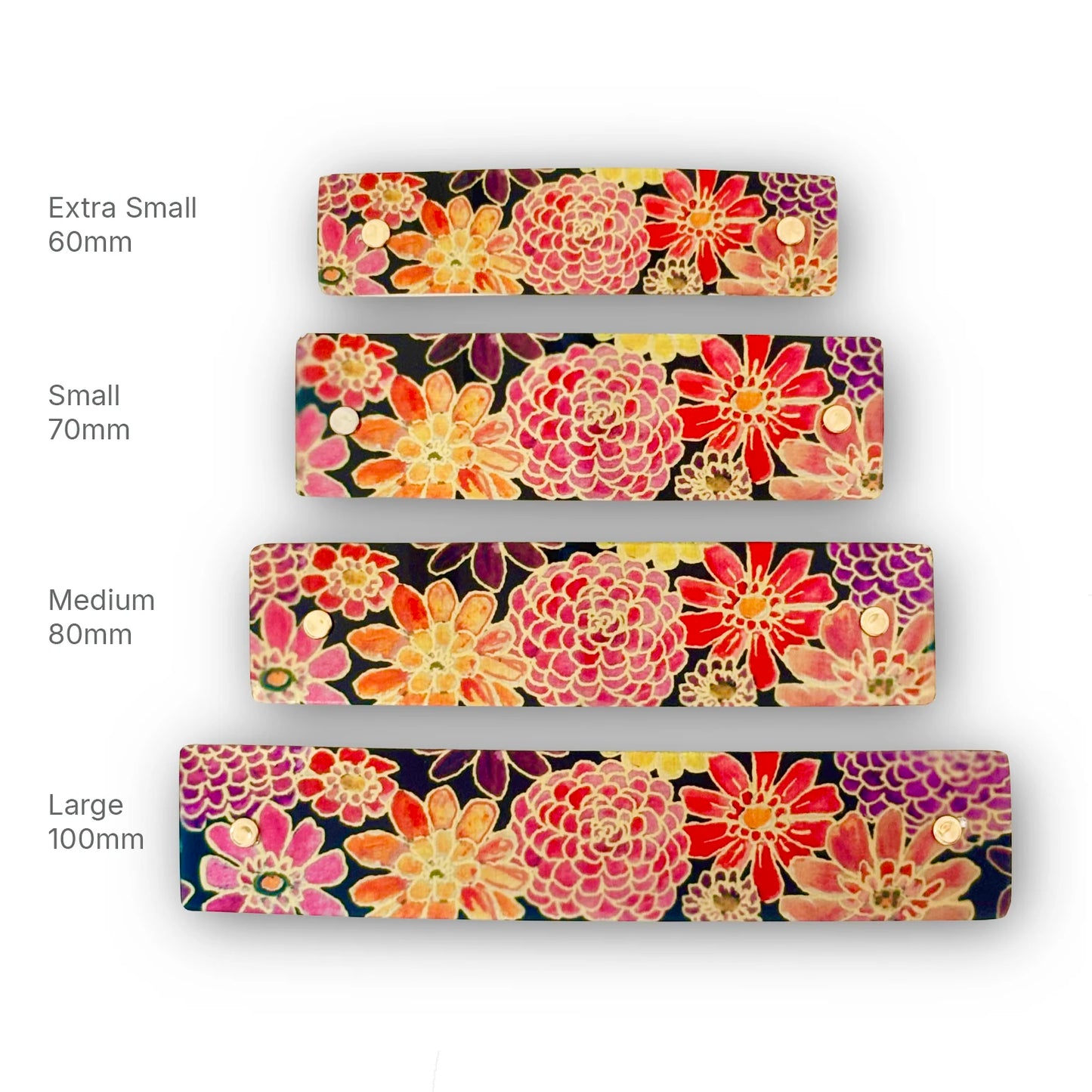 Zinnia French barrette with bright blooms, available in four sizes 