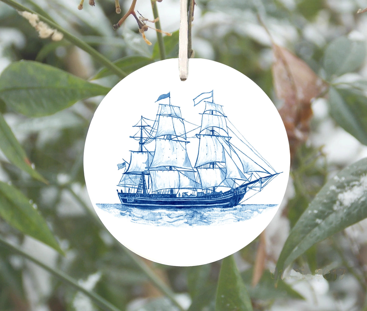 Blue and White Ship Ornament