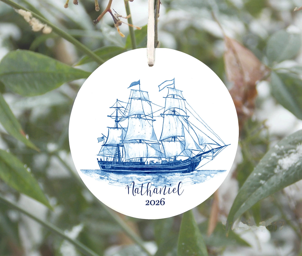 Blue and White Ship Ornament