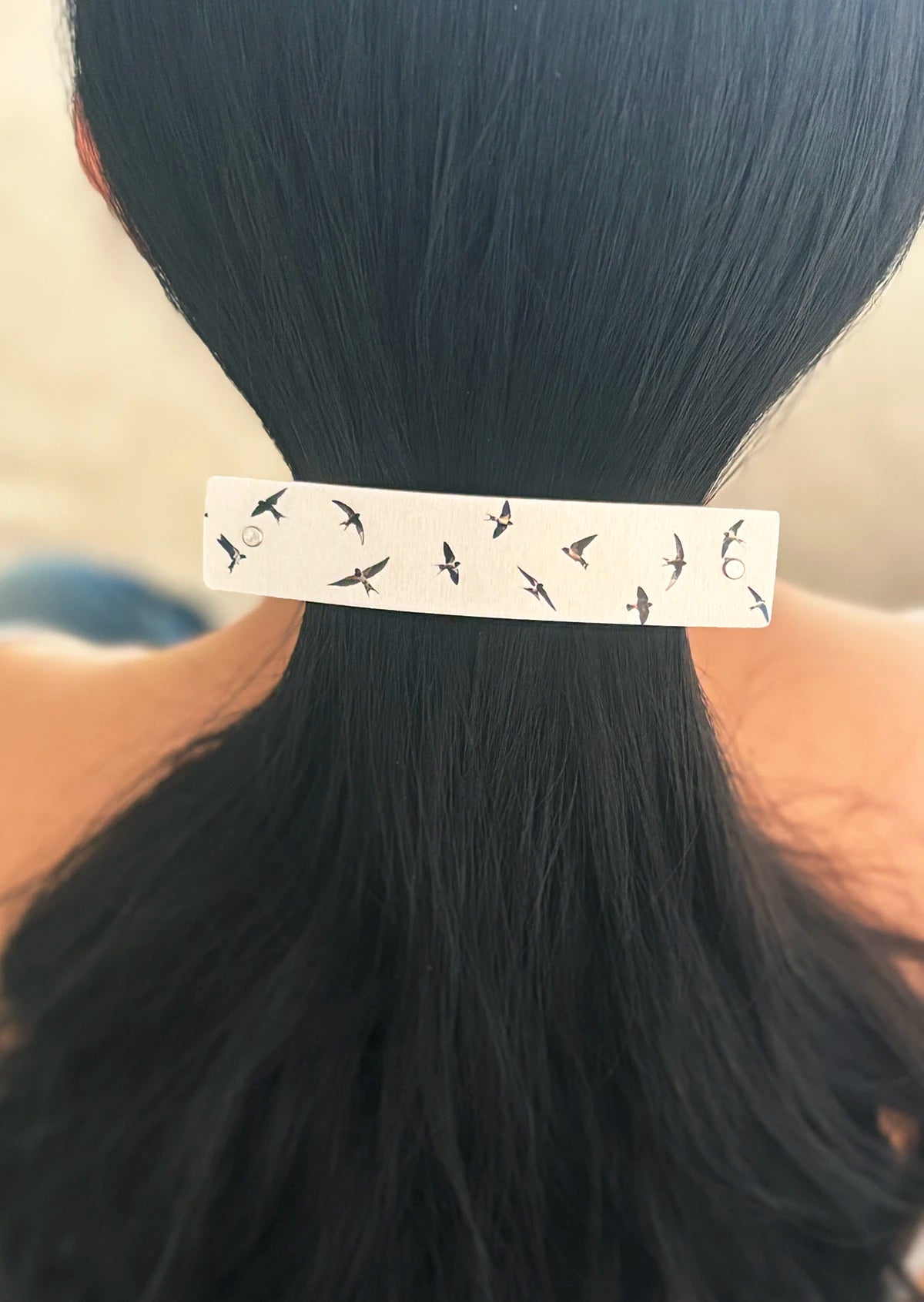A close-up of a person's dark hair secured in a low ponytail, clipped with a silver metal French barrette decorated with small black flying bird silhouettes.