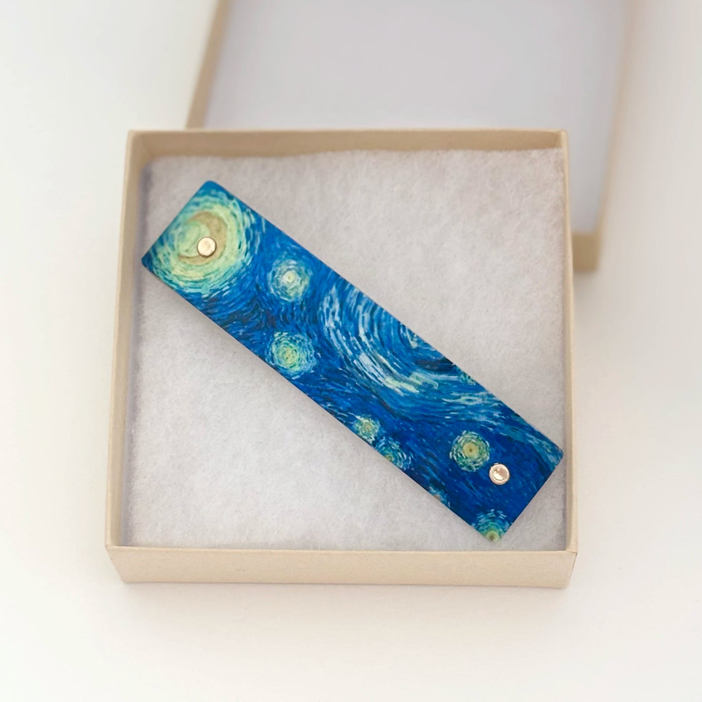 French barrette with "The Starry Night" by Van Gogh, presented in a square gift box. Handmade by Robbin V. Davis.