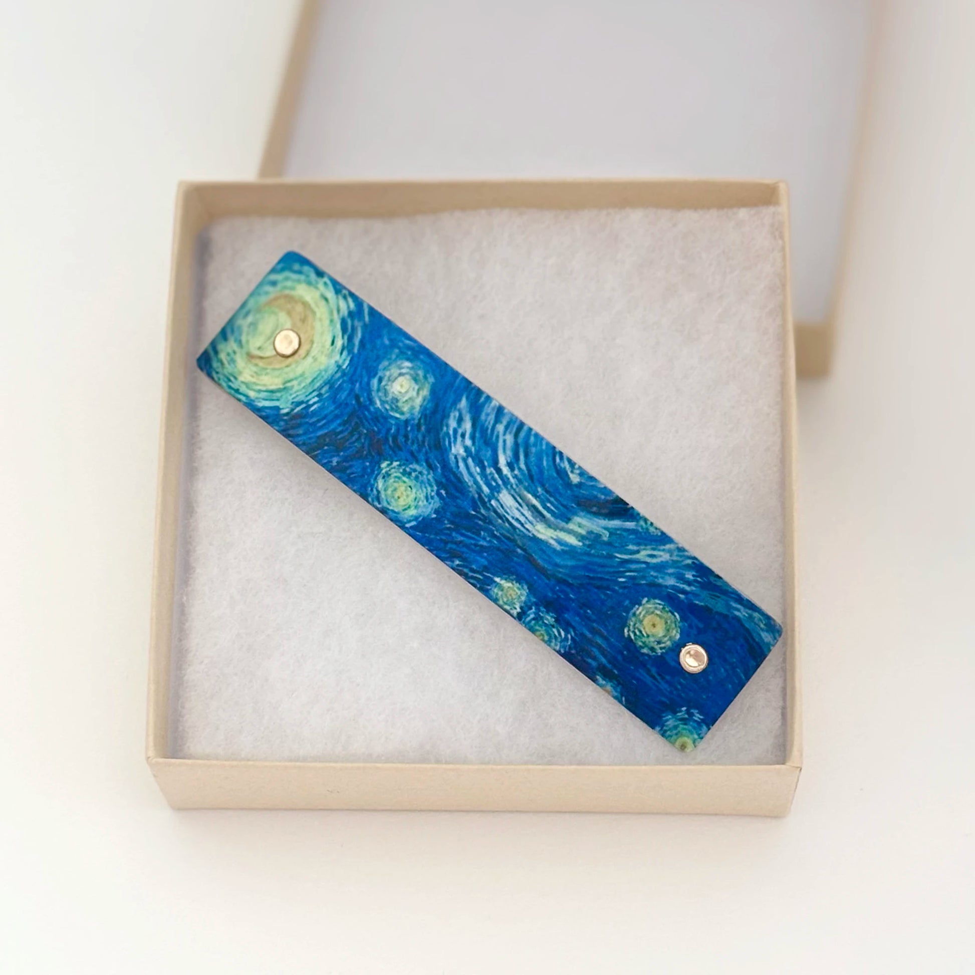 French barrette with "The Starry Night" by Van Gogh, presented in a square gift box. Handmade by Robbin V. Davis.